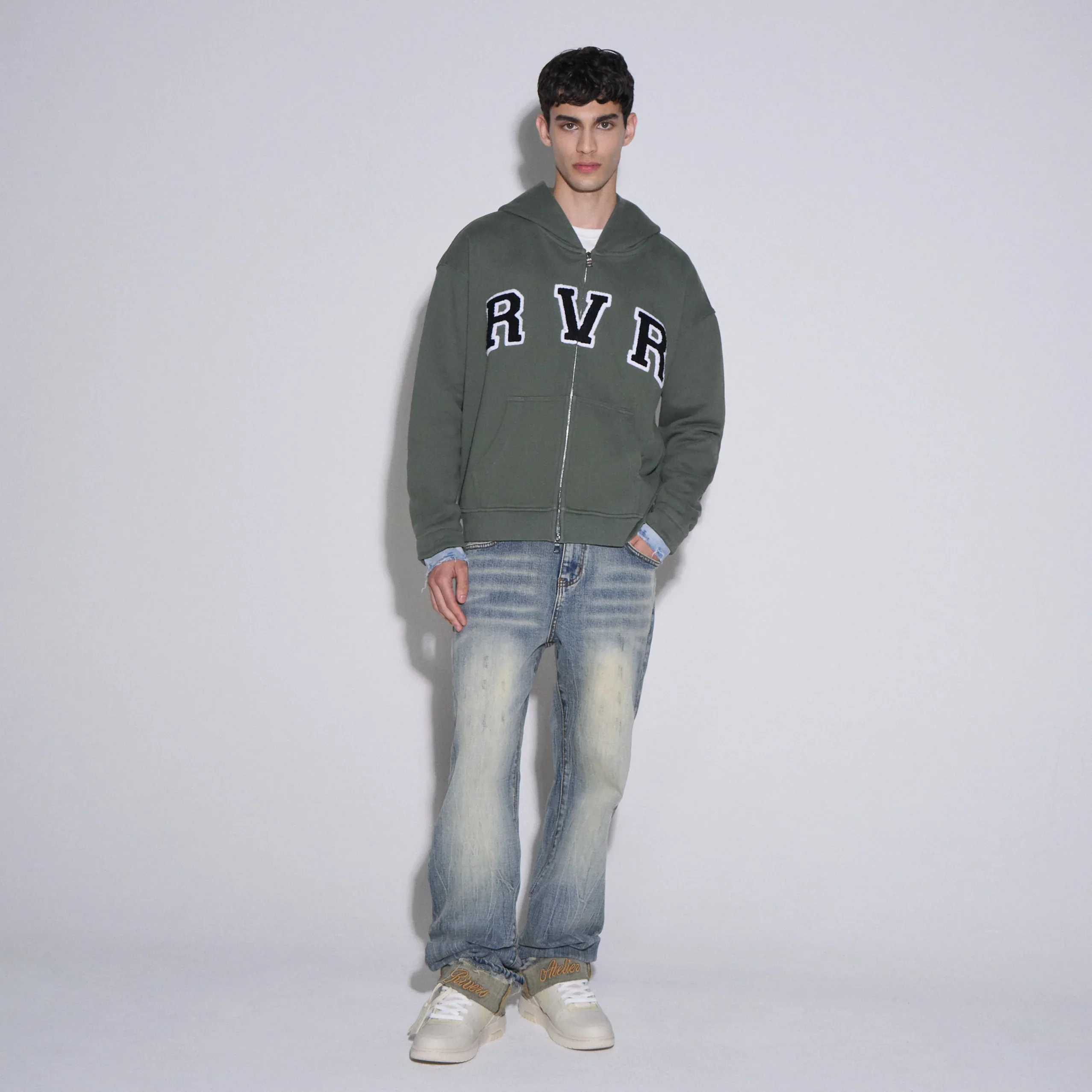 RIVERO - ACADEMY DENIM CUTT OFF HOODIE - GREEN - Image 5