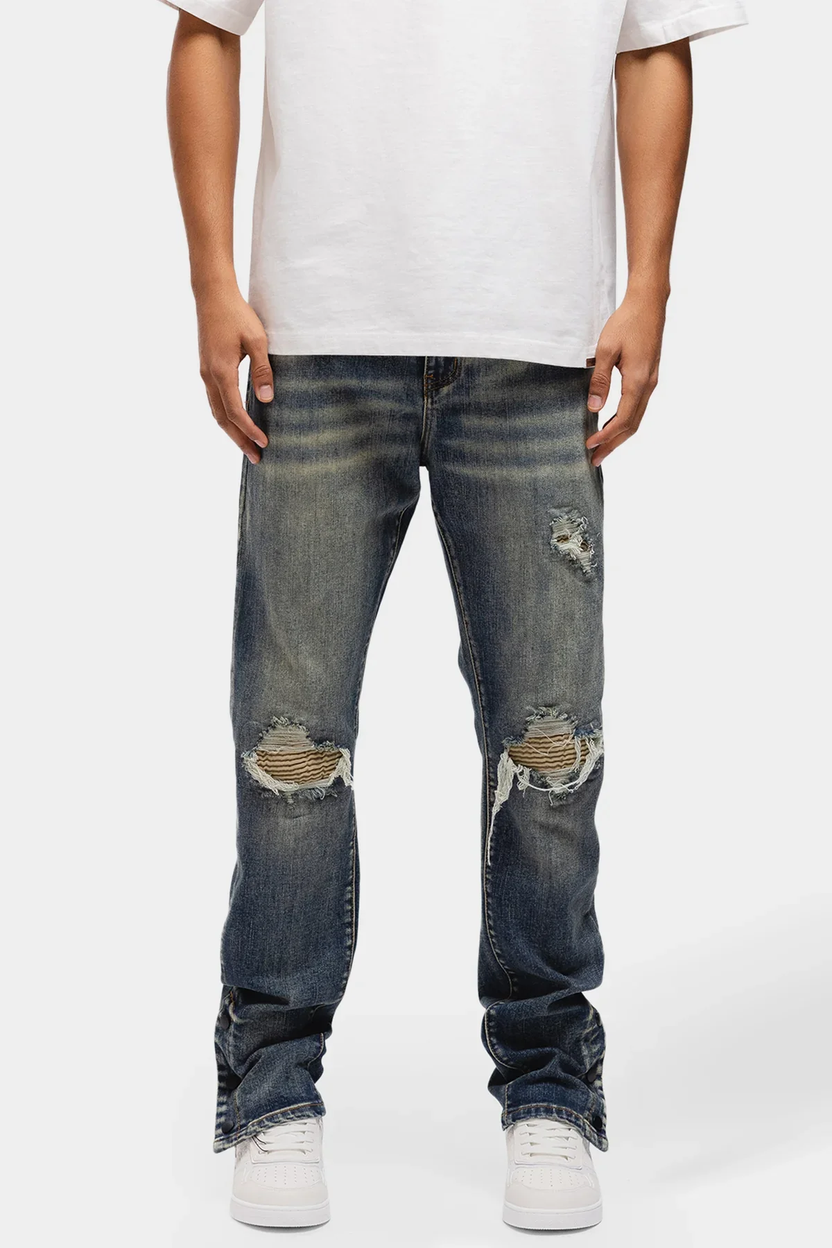 RIVERO - BUTTON RIPPED DENIM JEANS DARK BLUE
