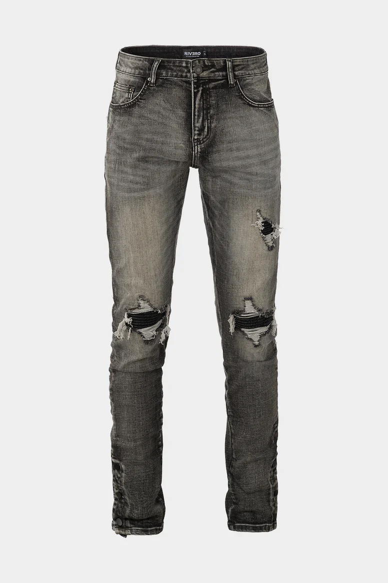 RIVERO - BUTTON RIPPED DENIM JEANS GREY - Image 5