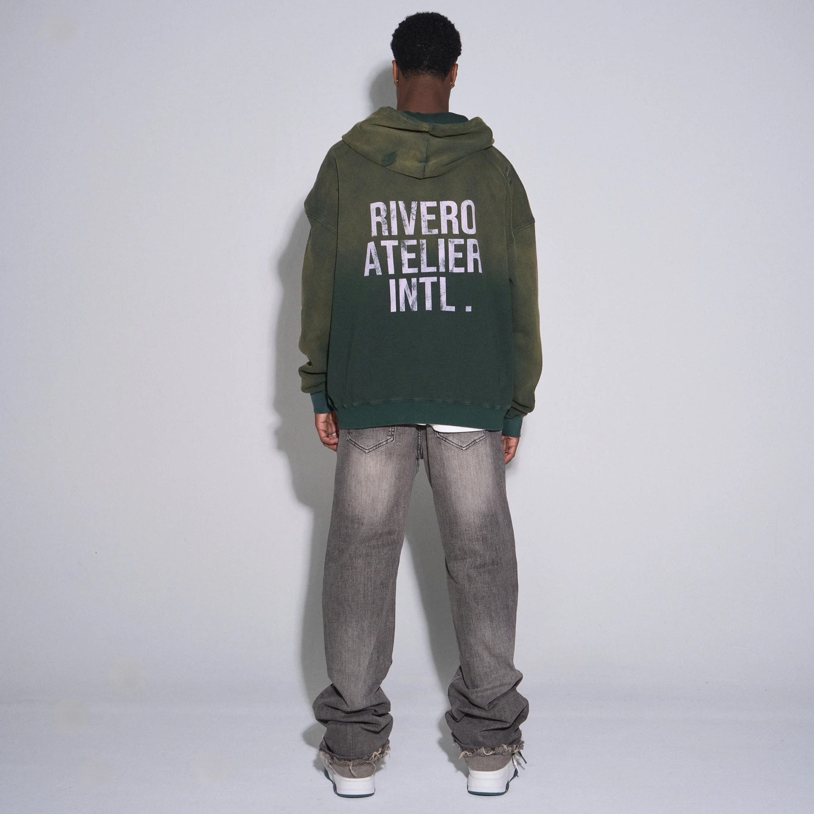 RIVERO - INTL. WASHED WAFFLE ZIP HOODIE GREEN - Image 3