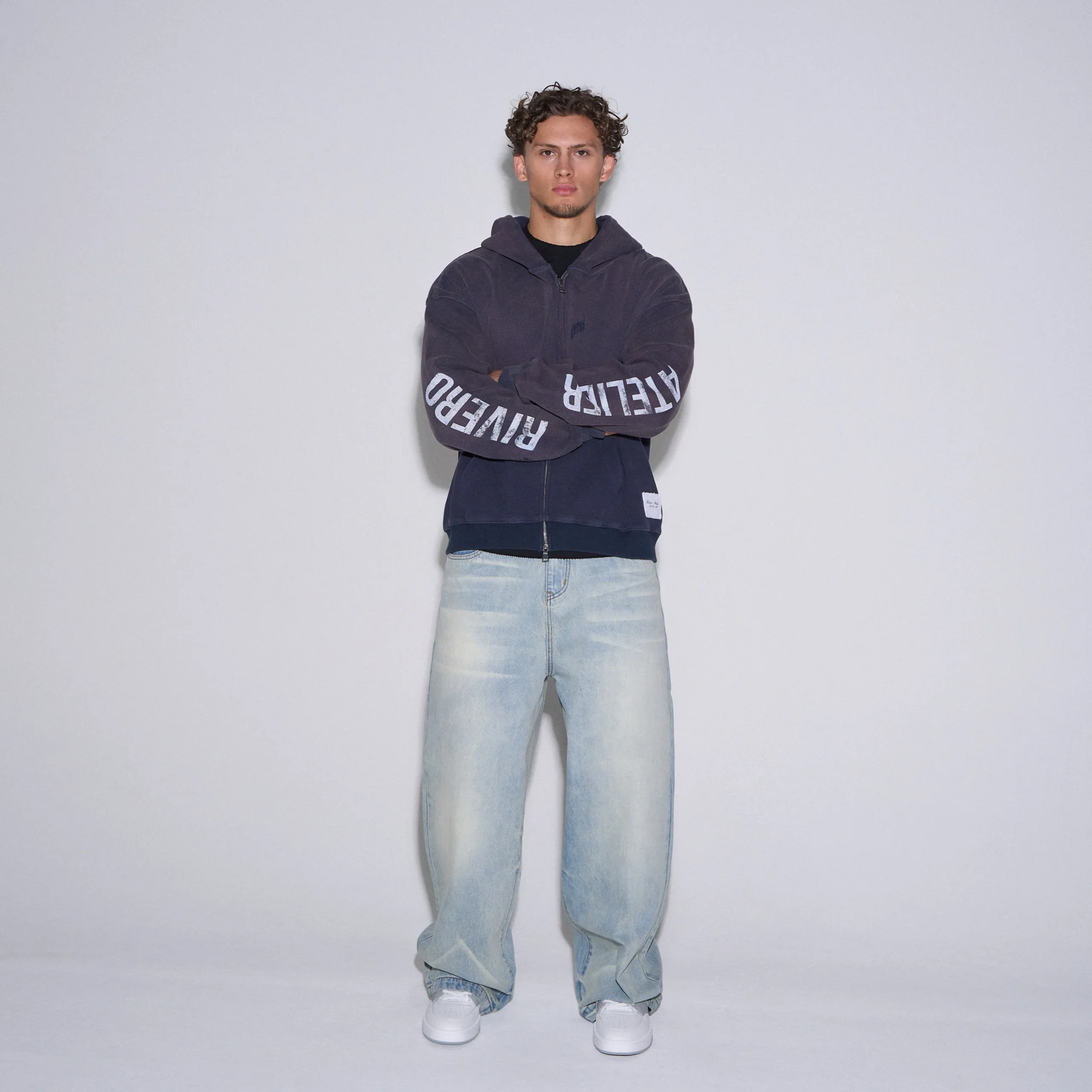 RIVERO - INTL. WASHED WAFFLE ZIP HOODIE NAVY - Image 2