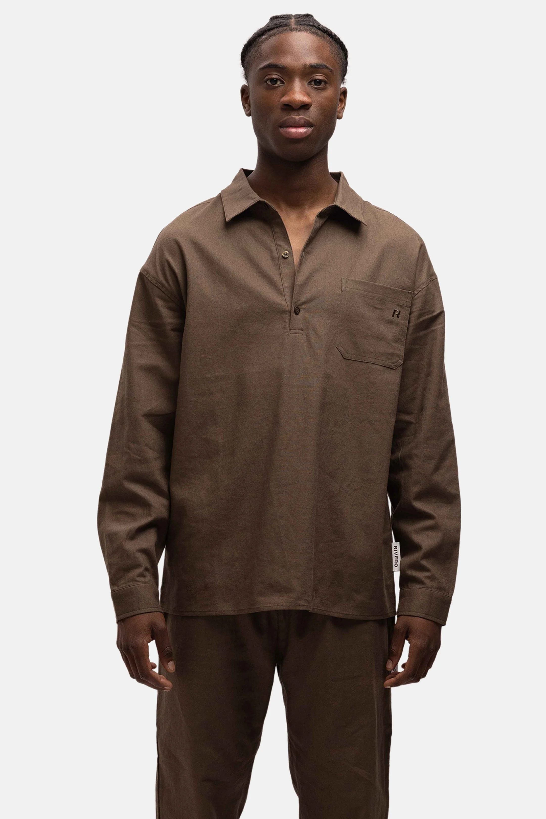 RIVERO - LINEN SHIRT QUARTER BUTTON BROWN - Image 3
