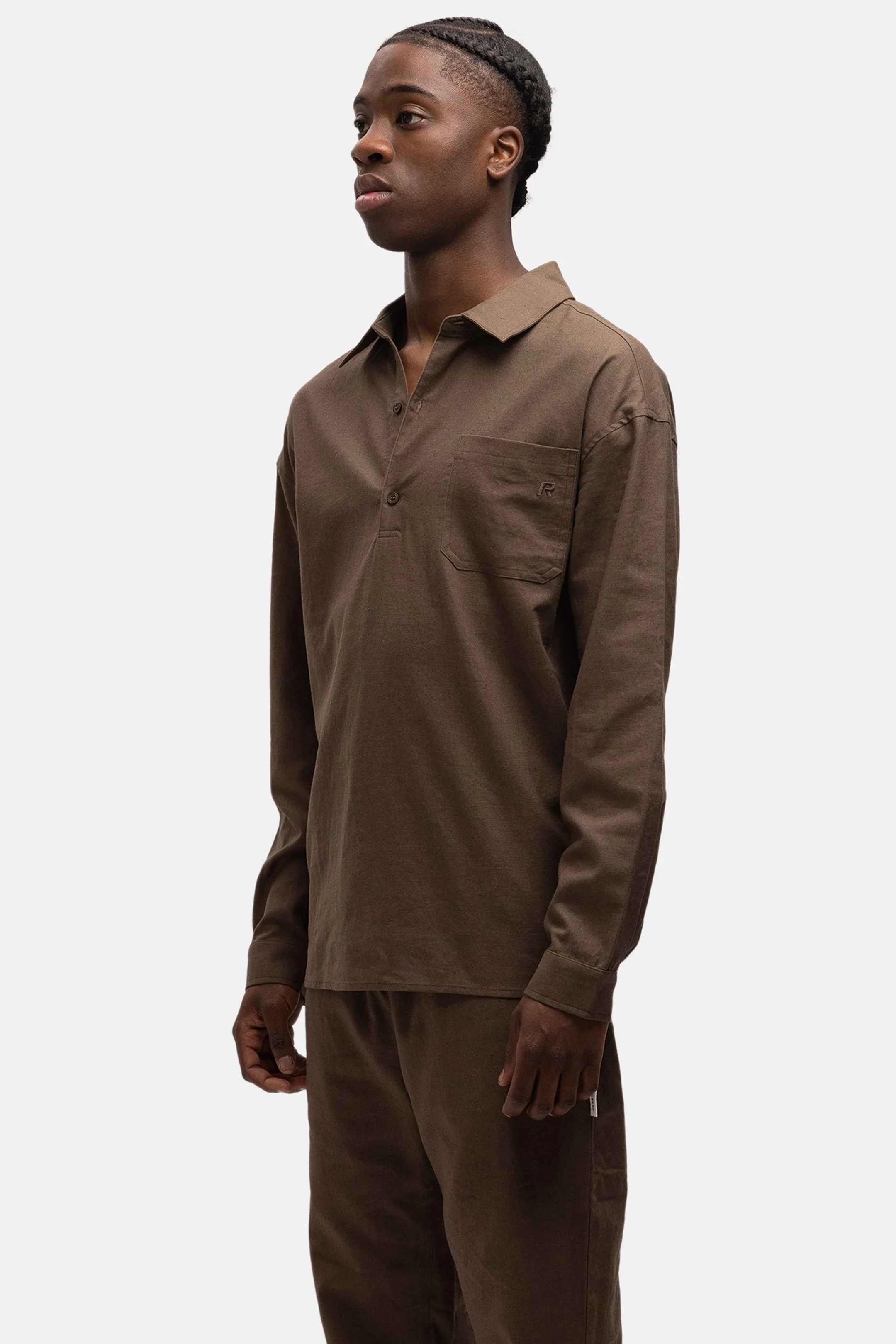 RIVERO - LINEN SHIRT QUARTER BUTTON BROWN - Image 4