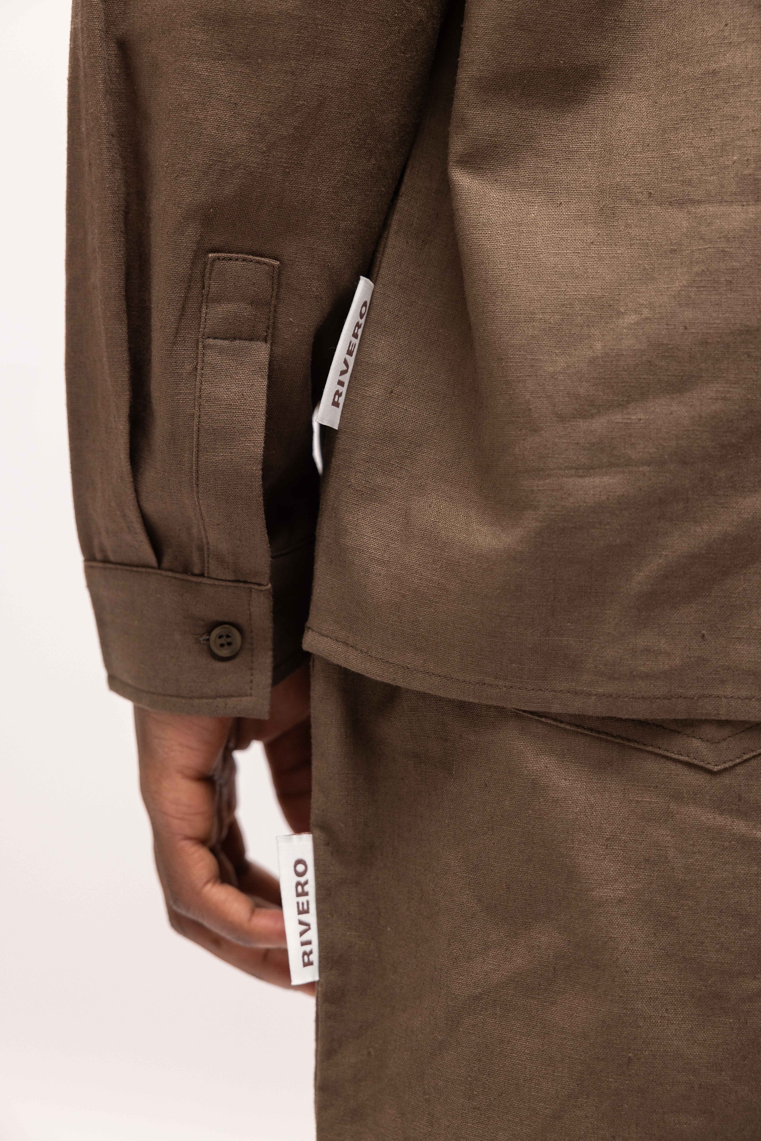 RIVERO - LINEN SHIRT QUARTER BUTTON BROWN - Image 7