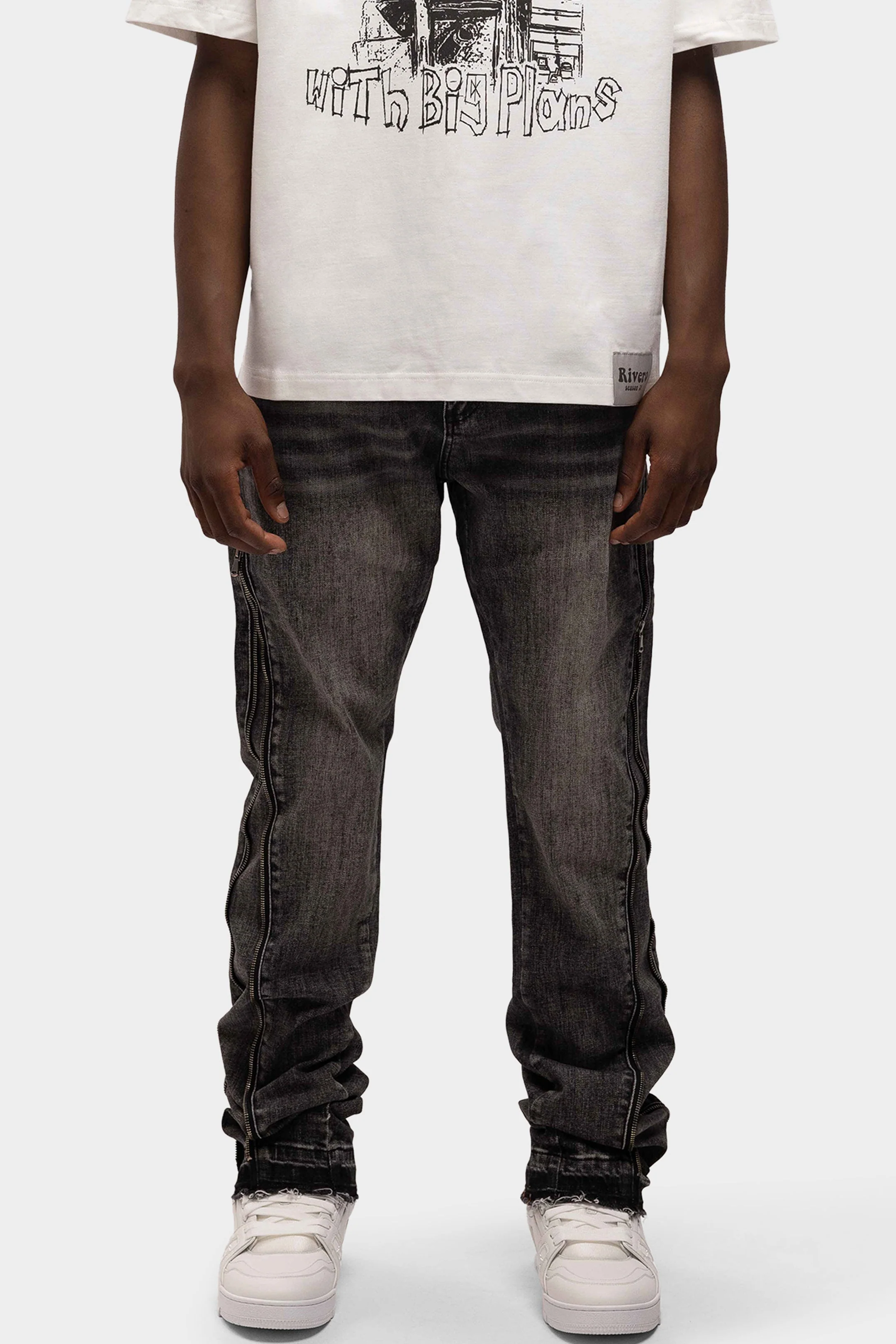 RIVERO - REGULAR SIDE ZIPPED WASHED JEANS BLACK/GREY - Image 3