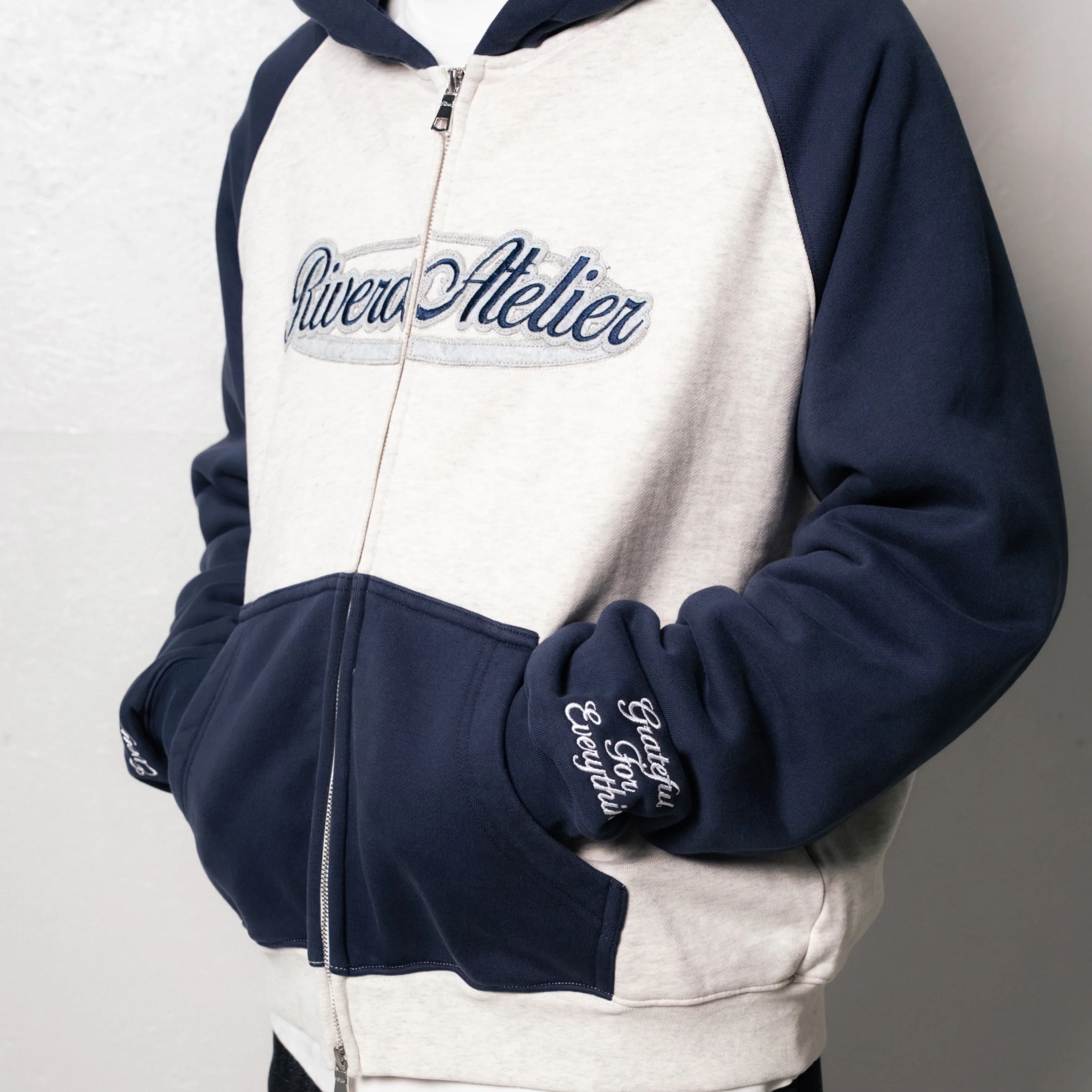 RIVERO - RAGLAN COLLEGE ZIP HOODIE - NAVY/GREY - Image 5